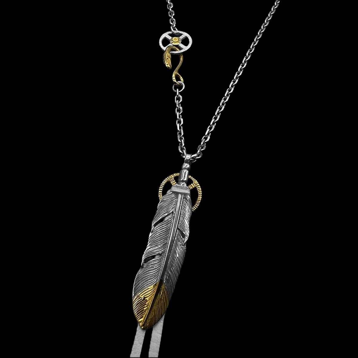 大フェザー×ホイール小×革紐×ビーズ/ネックレスカスタム | REDMAN.